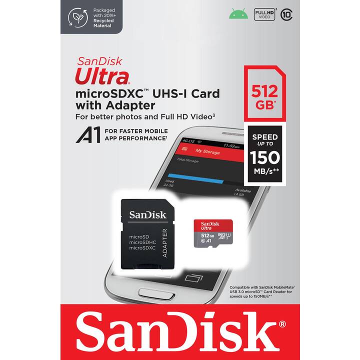 SANDISK MicroSDXC Ultra (Class 10, 512 Go, 150 Mo/s)