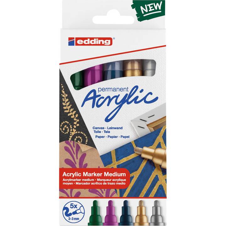 EDDING Acrylmarker (Gold, Grün, Nachtblau, Lila, Silber, 5 Stück)