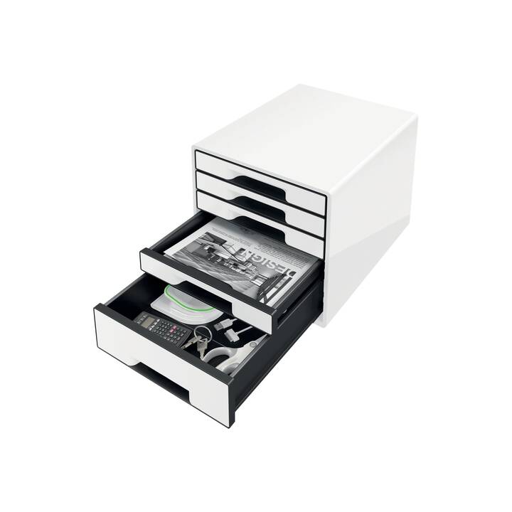 LEITZ Cassettiera da scrivania WOW Cube (A4+, 27 cm  x 36.3 cm  x 28.7 cm, Nero, Bianco)