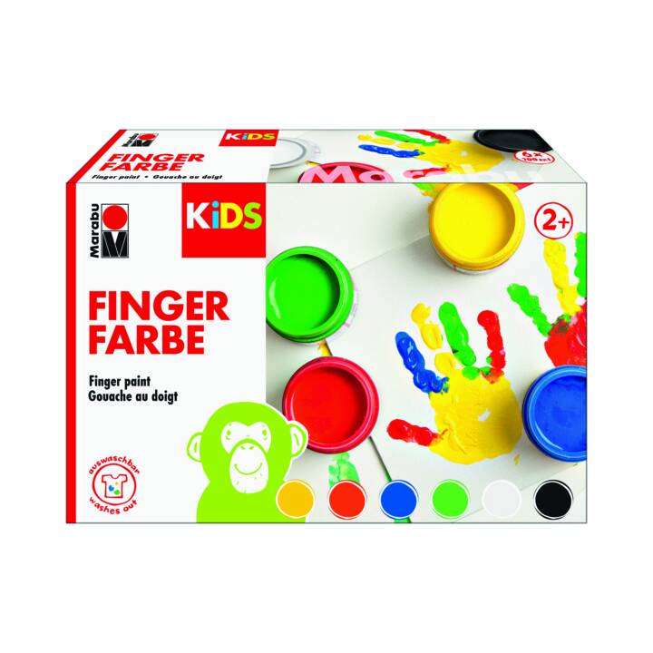MARABU Fingerfarbe Kids Set (6 x 100 ml, Gelb, Schwarz, Grün, Blau, Rot, Weiss, Mehrfarbig)