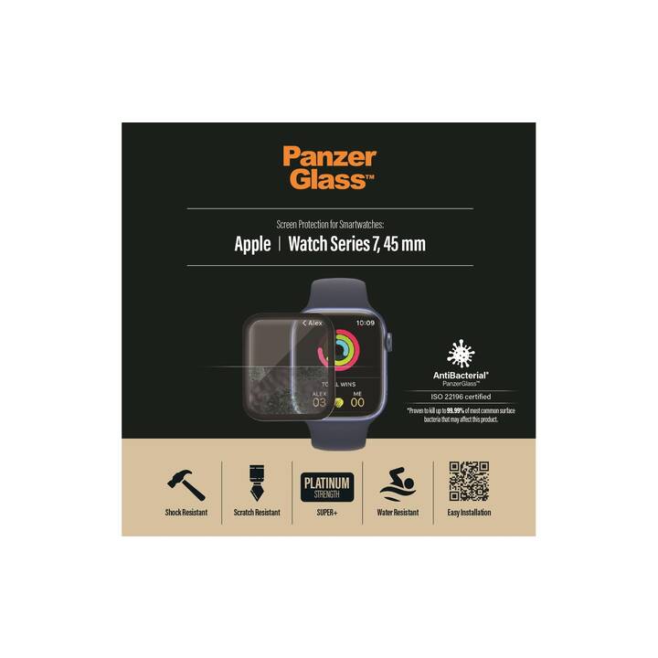 PANZERGLASS Apple Watch Serie 7 45mm Schutzfolie (Apple Watch 45 mm / 44 mm, Transparent, Schwarz)