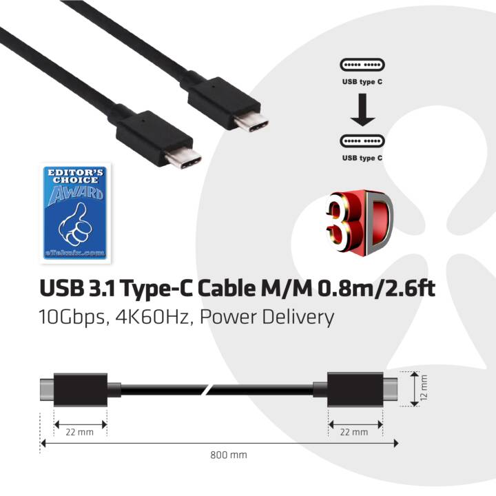 CLUB 3D Câble USB (USB 3.1 de type C, 0.8 m)