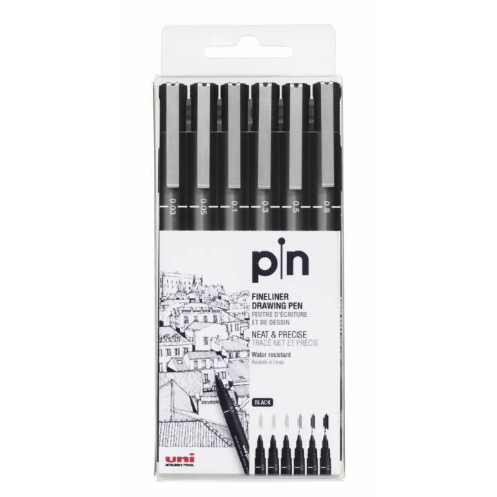 UNI PIN200.6C-1 Penna a fibra (Nero, 6 pezzo)