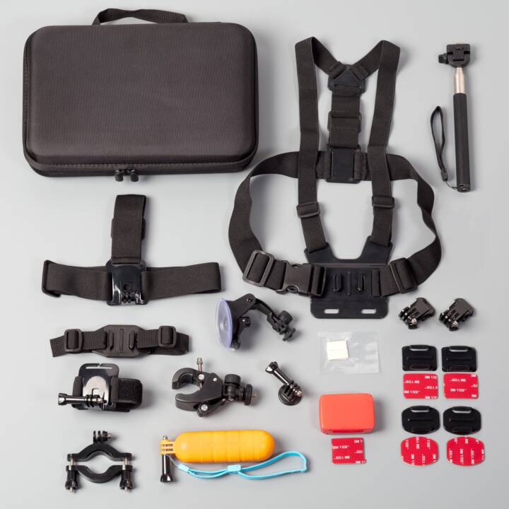 INTERTRONIC Action Cam Kit 30 in 1 Divers accessoires (Noir, Bleu, Orange, Rouge)