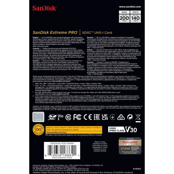 SANDISK SDXC Extreme PRO (Class 10, 1000 Go, 200 Mo/s)