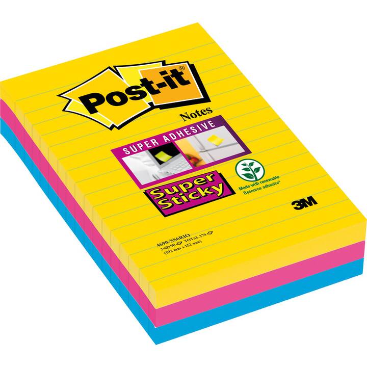 POST-IT Haftnotizen Super (3 x 90 Blatt, Gelb, Blau, Fuchsia)