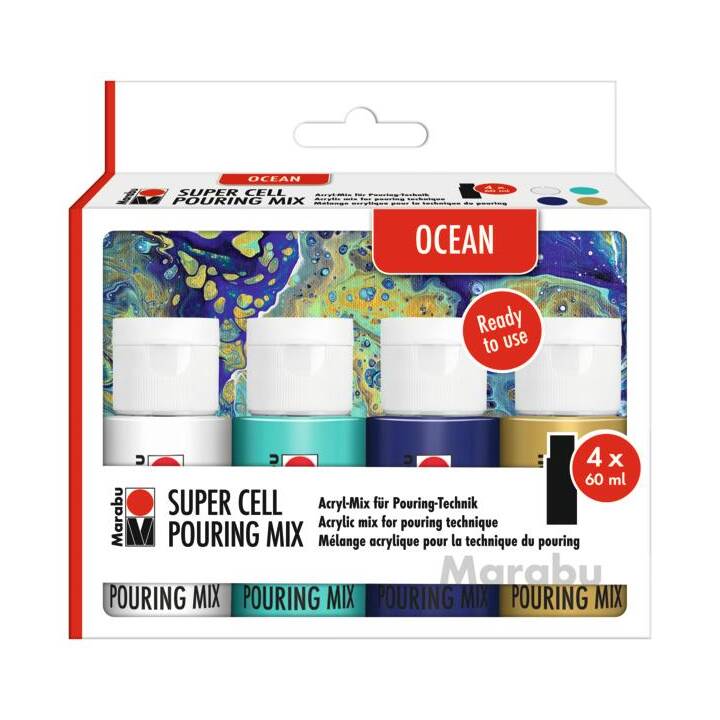 MARABU Acrylfarbe Super Cell Pouring Mix Ocean Set (4 x 60 ml, Farbig assortiert)