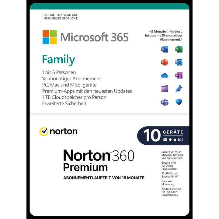 MICROSOFT Microsoft & Norton Bundle 365 Family (Licence, 6x, 15 Mois, Allemand)