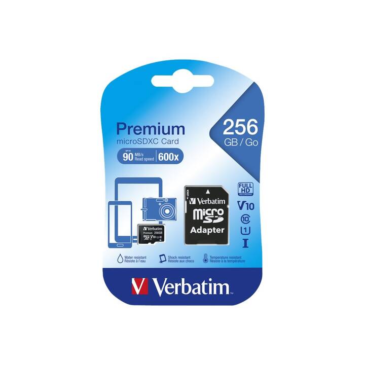 VERBATIM MicroSDXC UHS-I Premium Micro SDXC (UHS-I Class 1, Class 10, 256 GB, 90 MB/s)