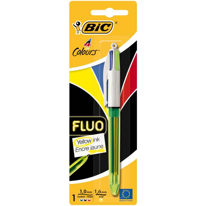 BIC Stylo à bille 4 Colours Fluo (Jaune, Bleu, Noir, Rouge)