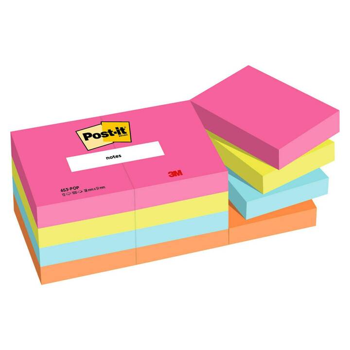 POST-IT Haftnotizen Poptimistic Collection (12 x 100 Blatt, Gelb, lichtblau, Orange, Pink)