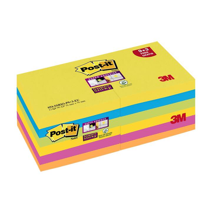 POST-IT Haftnotizen Super Sticky (12 x 90 Blatt, Gelb, Orange, Grün, Blau, Pink)