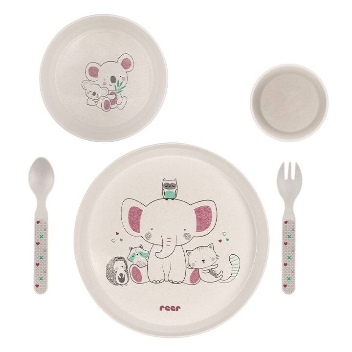 REER Set de vaisselle pour enfants Lovely Friends (Chat, Chouette, Raton laveur, Hérisson, Éléphant, Koala)