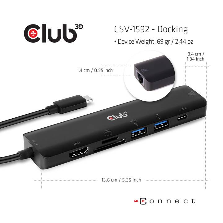 CLUB 3D Stazione d'aggancio CSV-1592 (HDMI, 2 x USB 3.0 di tipo A, USB 3.0 di tipo C, RJ-45 (LAN))