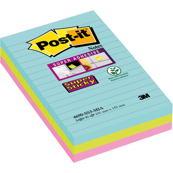 POST-IT Notes autocollantes Super Sticky Miami (3 x 90 feuille, Vert électrique, Bleu, Rose électrique)