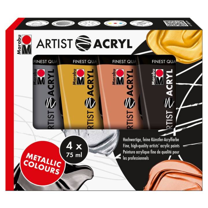 MARABU Acrylfarbe Artist Acryl Set (4 x 75 ml, Silber, Orange, Kupfer, Schwarz, Gold, Mehrfarbig)