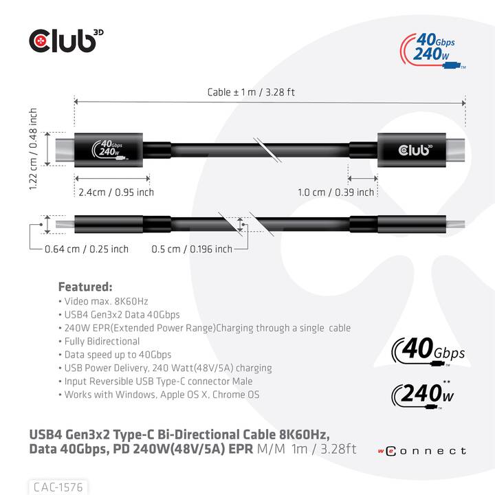CLUB 3D CAC-1576 Câble (USB-C fiche, 1 m)