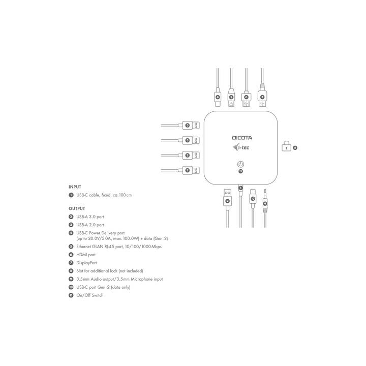 DICOTA Stazione d'aggancio (DisplayPort, HDMI, 3 x USB 2.0 di tipo A, 2 x USB 3.0 di tipo A, RJ-45 (LAN))
