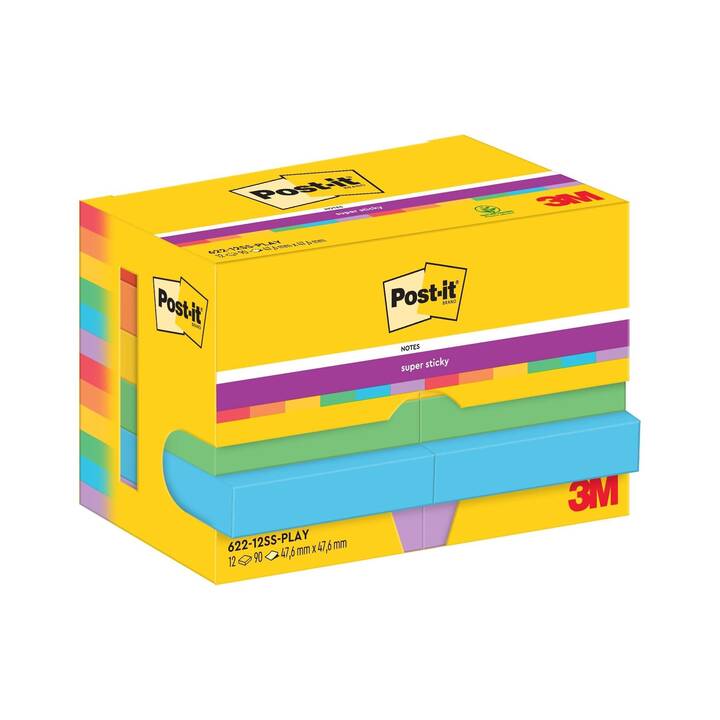 POST-IT Haftnotizen Super Sticky (12 x 90 Blatt, Violett, Gelb, Orange, Grün, Rot, Blau)