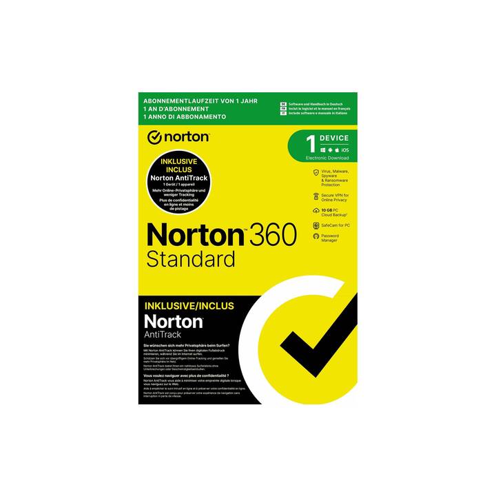 NORTON 360 Standard + AntiTrack Bundle (Abbonamento, 1x, 12 Mesi, Italiano, Tedesco, Francese)