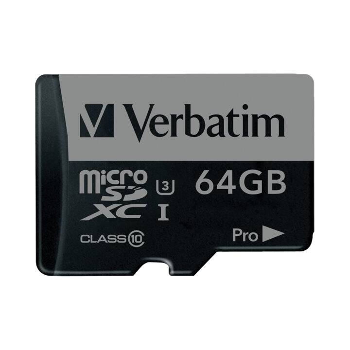 VERBATIM MicroSDXC Pro (Class 10, UHS-I Class 3, 64 Go, 90 Mo/s)