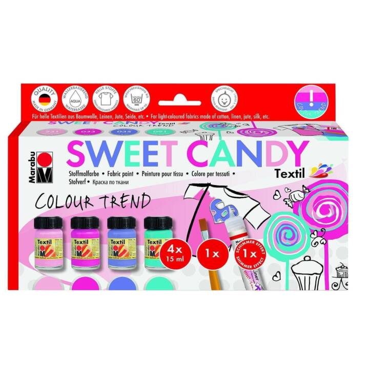 MARABU Textilfarbe Sweet Candy Set (4 x 15 ml, Violett, Lila, Türkis, Rosa, Mehrfarbig)