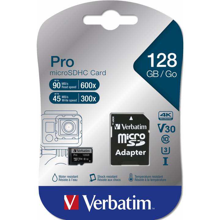 VERBATIM MicroSDXC Pro (Class 10, Video Class 30, 128 Go, 90 Mo/s)