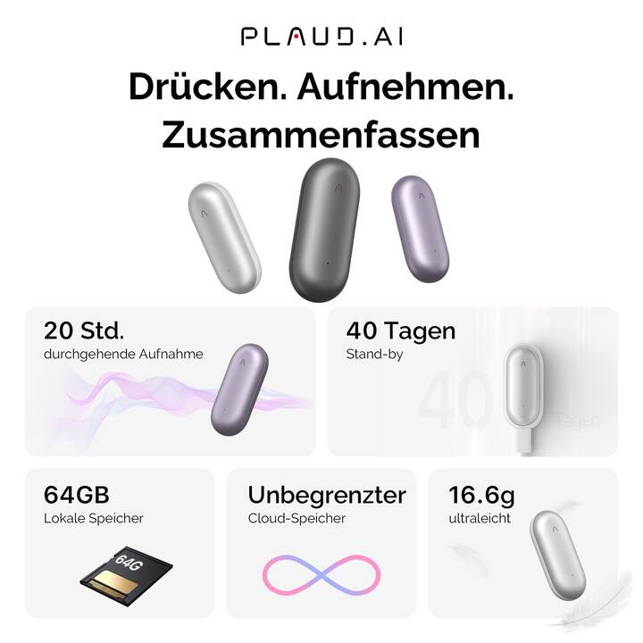 PLAUD NotePin (64 GB, Silber) - Interdiscount