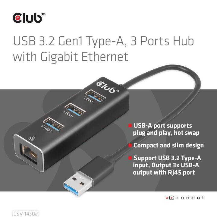 CLUB 3D CSV-1430a (3 Ports, RJ-45, USB Typ-A)