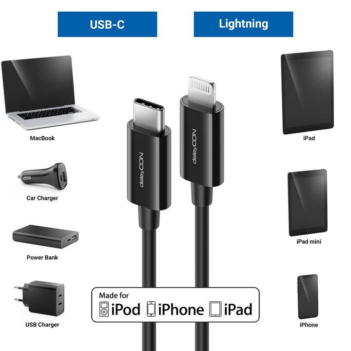 DELEYCON Câble (USB C, Lightning, 50 cm)