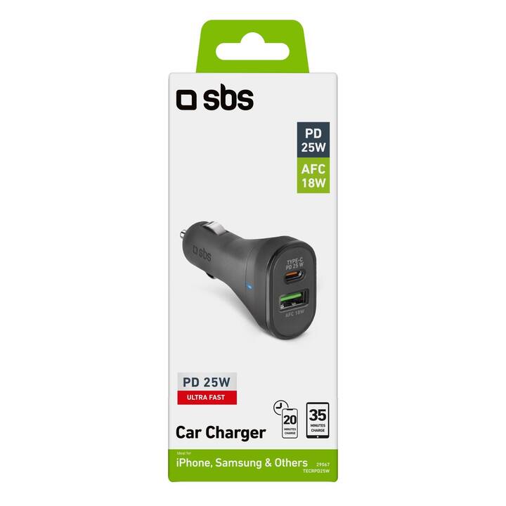 SBS Chargeur auto Power Delivery (25 W, Allume-cigare, USB de type C, USB de type C)