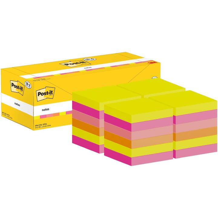 POST-IT Notes autocollantes 3M (6 x 100 feuille, Jaune, Orange, Magenta, Pink)