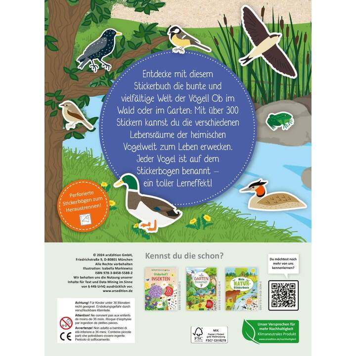 ARS EDITION Libro degli adesivi Naturforscher Kids (Uccello, 300 pezzo)