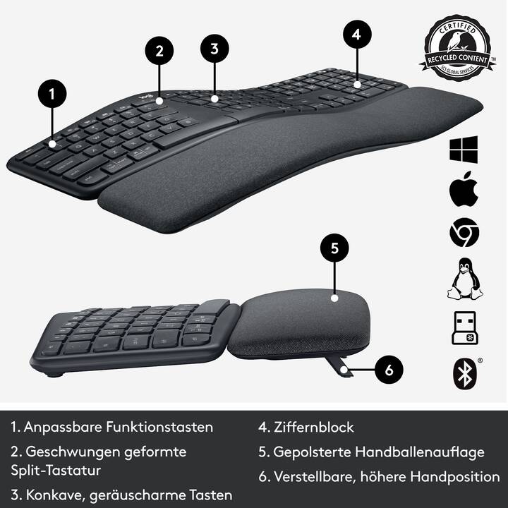 LOGITECH Ergo K860 (USB, Bluetooth, Svizzera, Senza fili)