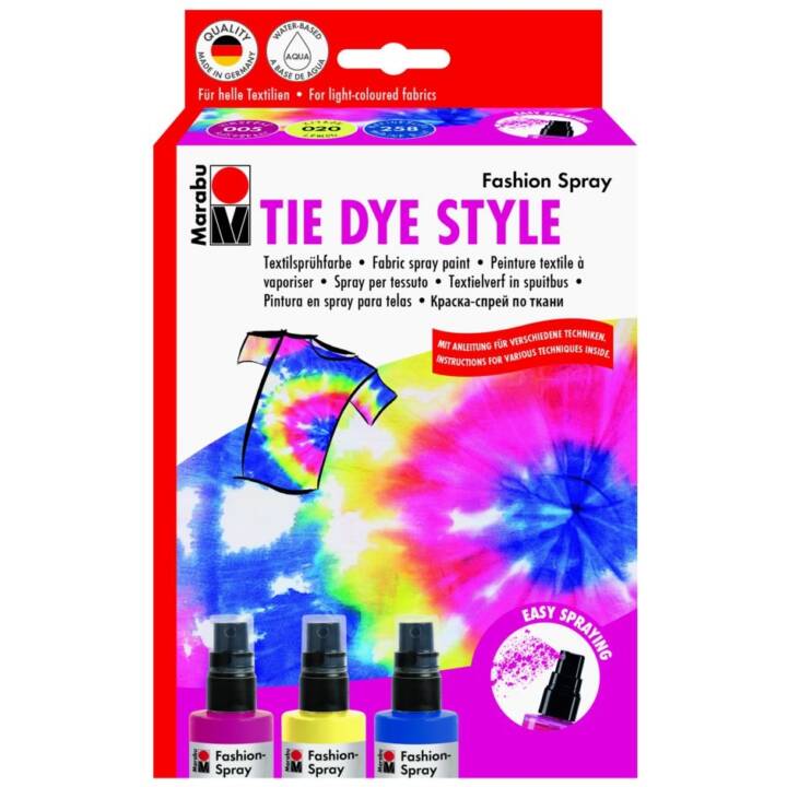 MARABU Colore tessile Tie Dye Style Set (3 x 100 ml, Giallo, Blu, Rosa, Multicolore)