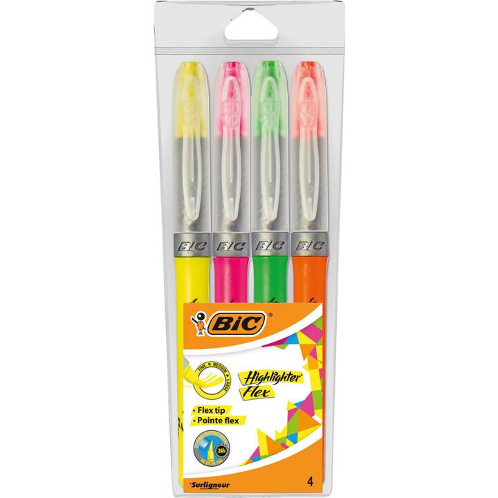 BIC Textmarker Flex (Orange, Pink, Grün, Gelb, 4 Stück)