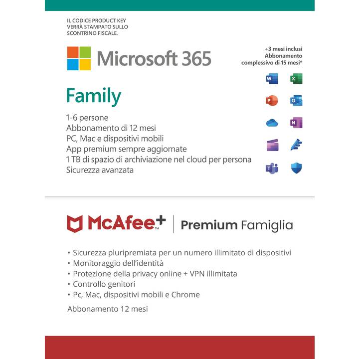 MICROSOFT Microsoft & McAfee Bundle 365 Family (Abo, 6x, 15 Monate, Italienisch)