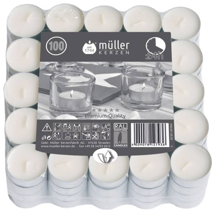 MÜLLER KERZEN Teelichter (100 Stück, Rund, Weiss)