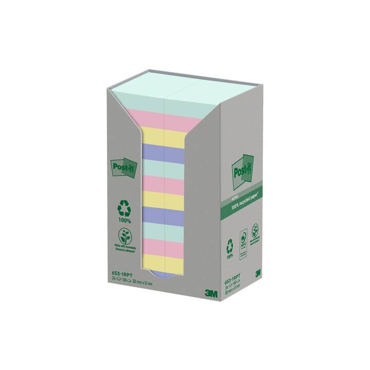 POST-IT Haftnotizen Recycling (24 x 100 Blatt, Violett, Rosé, Grün, Blau)