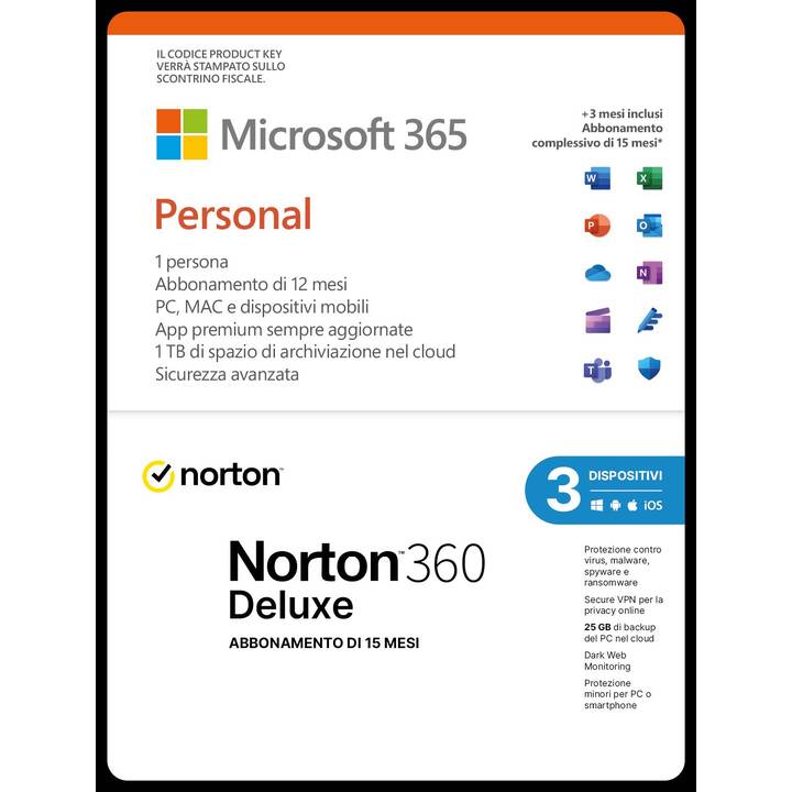 MICROSOFT Microsoft & Norton Bundle 365 Personal (Licence, 3x, 15 Mois, Italien)