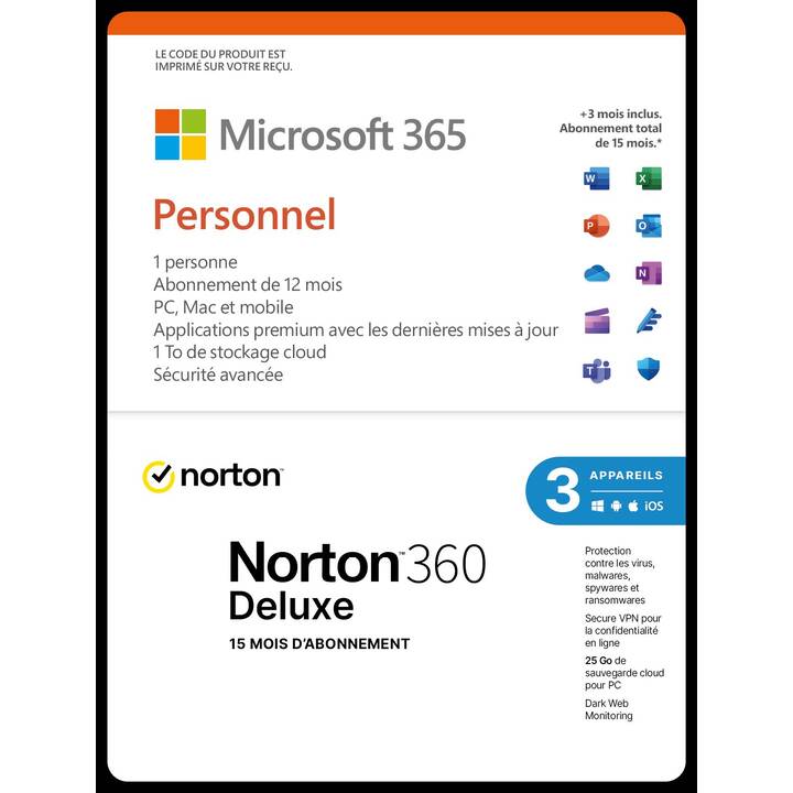 MICROSOFT Microsoft & Norton Bundle 365 Personnel (Abo, 3x, 15 Monate, Französisch)