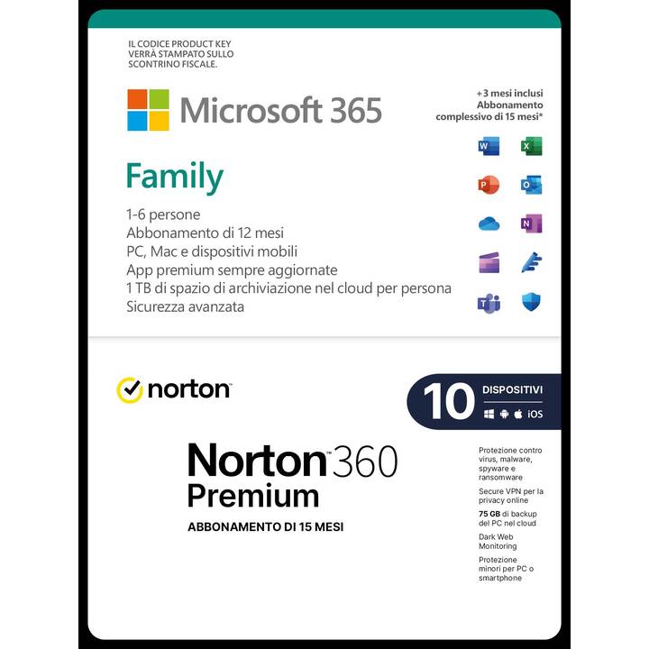 MICROSOFT Microsoft & Norton Bundle 365 Family (Licence, 6x, 15 Mois, Italien)