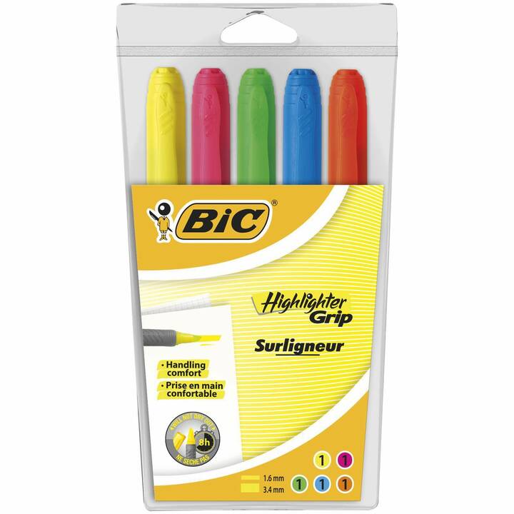 BIC Textmarker Grip (Orange, Pink, Grün, Gelb, 5 Stück)