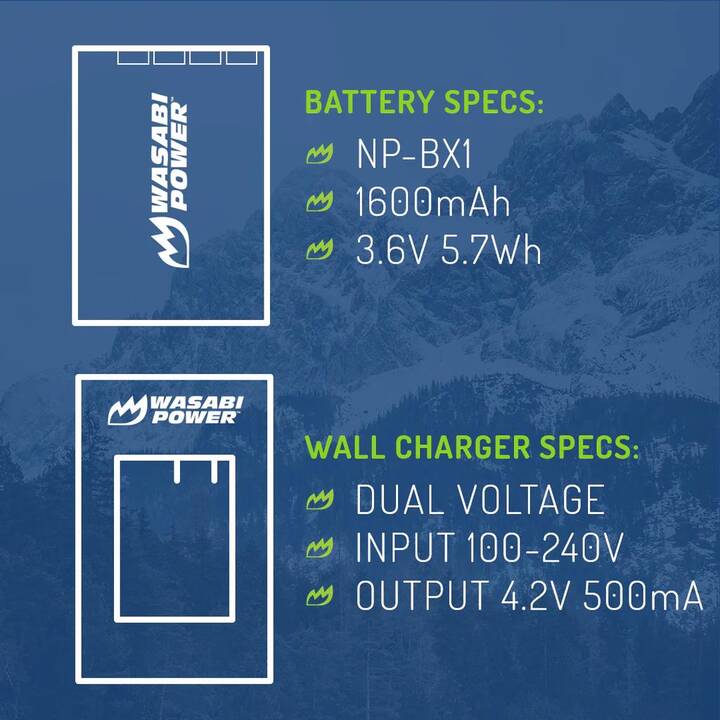 WASABI POWER Sony NP-BX1 Battery (2-Pack) + Charger Akku und Ladegerät (Lithium-Ionen, 1600 mAh)