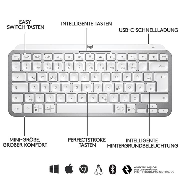LOGITECH MX Keys Mini (Funk (RF), Bluetooth, USB, USA, Kabellos)