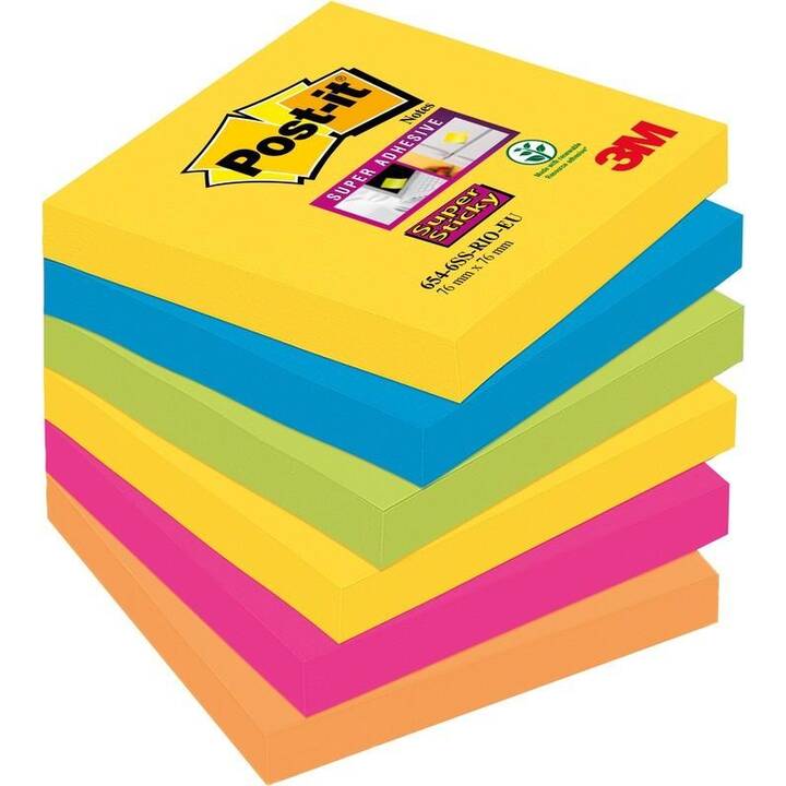 POST-IT Notes autocollantes Super Sticky Rio (6 x 90 feuille, Jaune, Orange, Vert, Bleu, Pink)