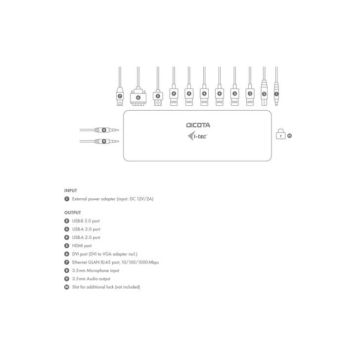 DICOTA Dockingstation 11-in-1 (DVI, HDMI, USB 2.0 Typ-A, USB 3.0 Typ-A, RJ-45 (LAN), USB 3.0 Typ-B)