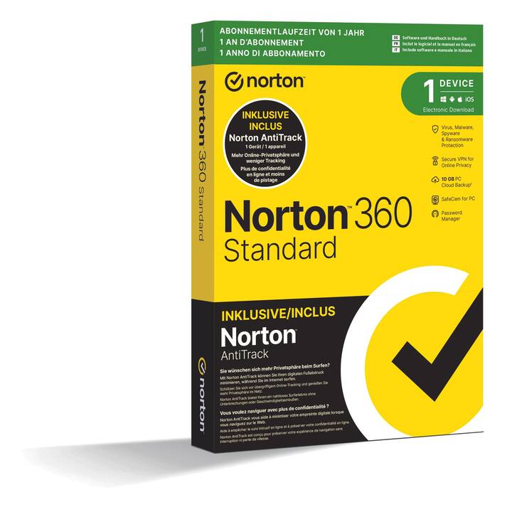 NORTON 360 Standard + AntiTrack Bundle (Abbonamento, 1x, 12 Mesi, Italiano, Tedesco, Francese)